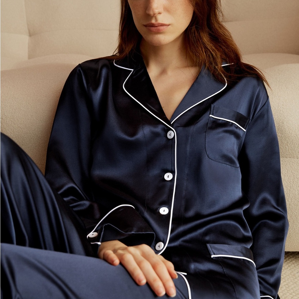 Lily Silk Navy Pajama Set with White Piping 100% silk